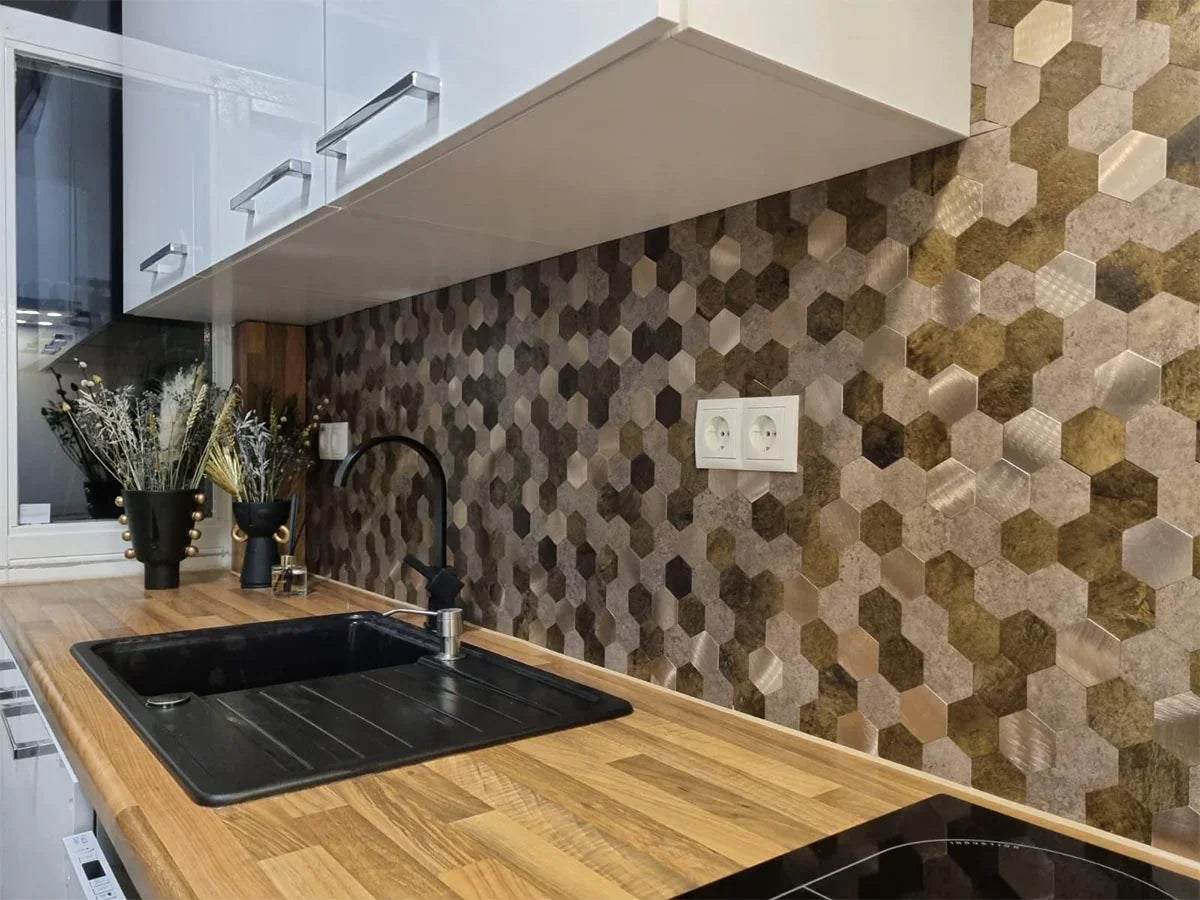 Mosaique Adhésive Hexagone Cuivre Marron Pour Crédence De Cuisine - vue alternative