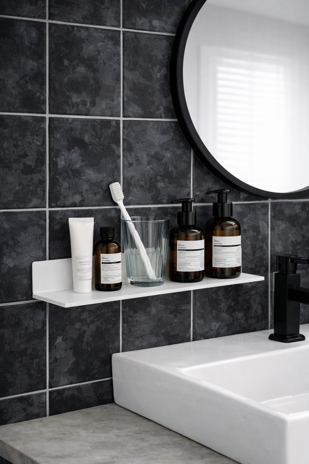 Sticker Carrelage Vinyle Carré Noir posé dans crédence salle de bain