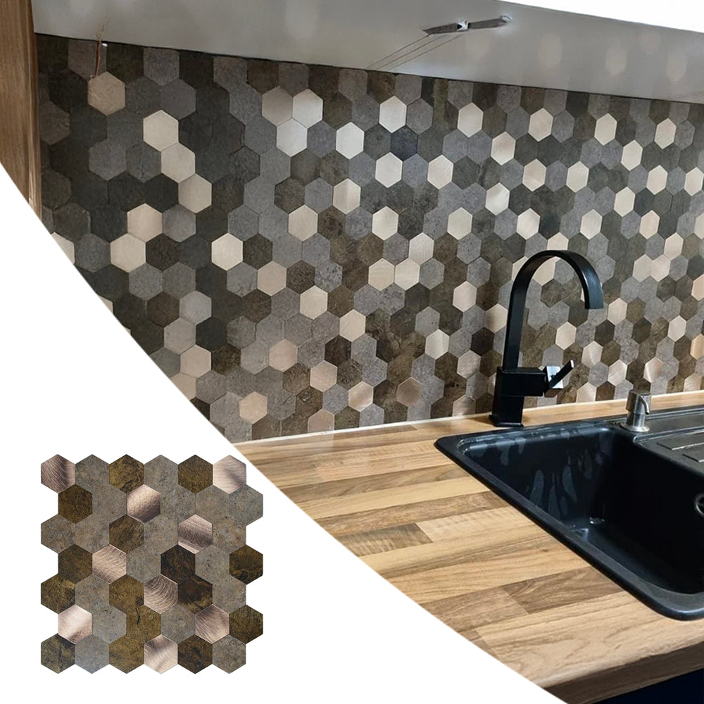 mosaique cuivre haxagonale posé dans crédence de cuisine