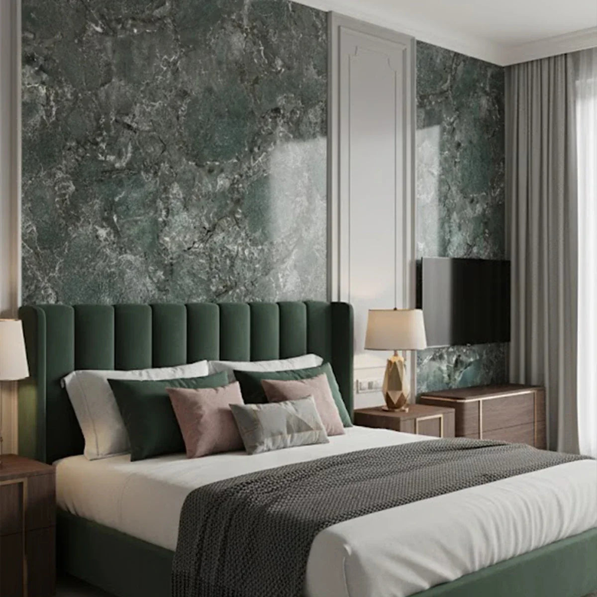 panneau pvc marbre arizona vert posé dans la chambre a coucher