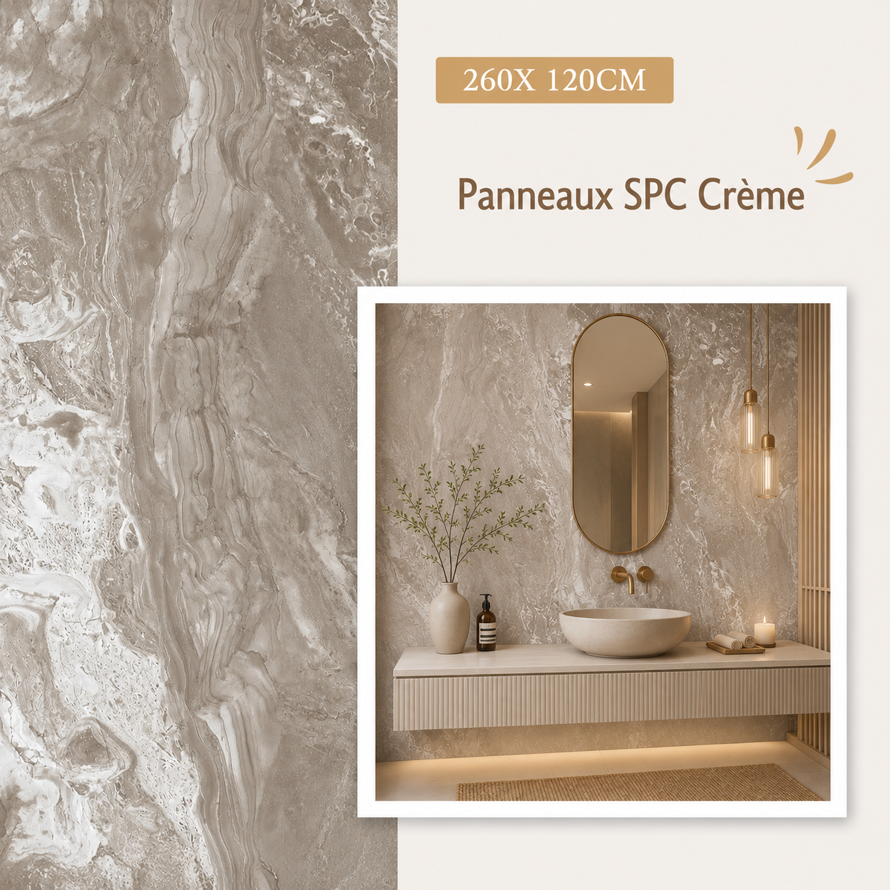 Panneau Mural Salle de Bain SPC Marbre Crème Mat – Étanche & Anti-Rayure