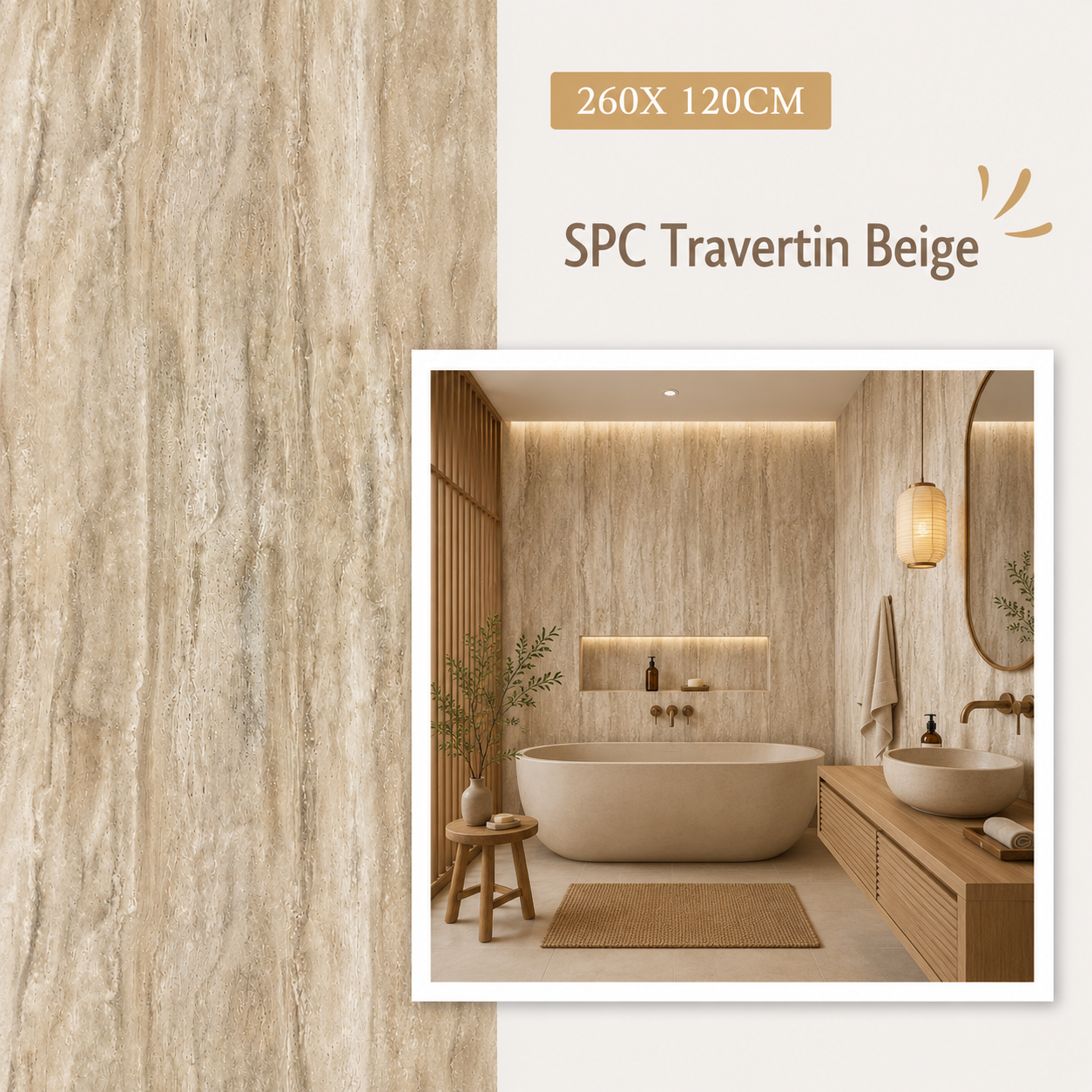 Panneau Travertin Mural Salle de Bain SPC Effet Beige Mat – Étanche & Anti-Rayure