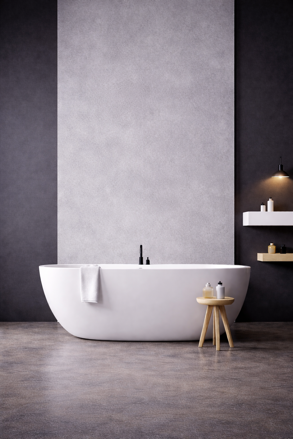 Panneau mural PVC effet béton ciré clair installé dans une salle de bain moderne avec baignoire îlot