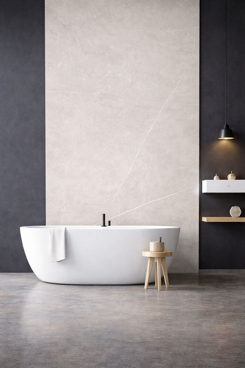 Panneau mural SPC effet marbre beige clair mat installé dans une salle de bain moderne avec baignoire îlot