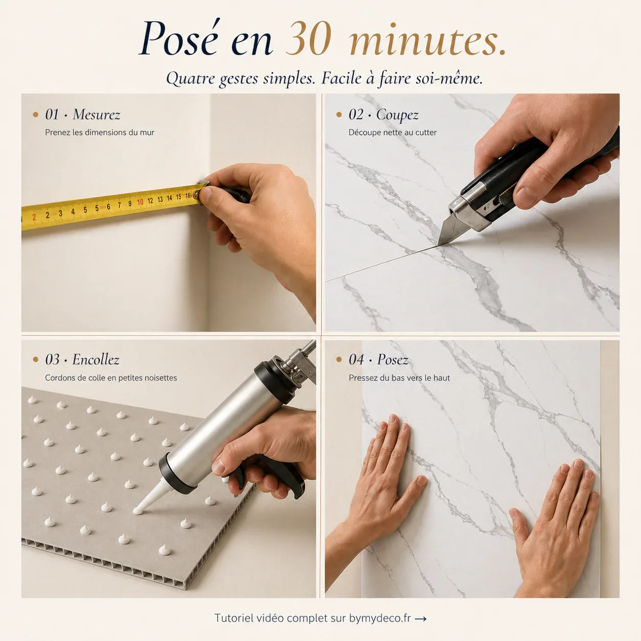 Pose facile du panneau mural PVC marbre en 4 étapes : mesurer, couper au cutter, encoller, presser — sans travaux
