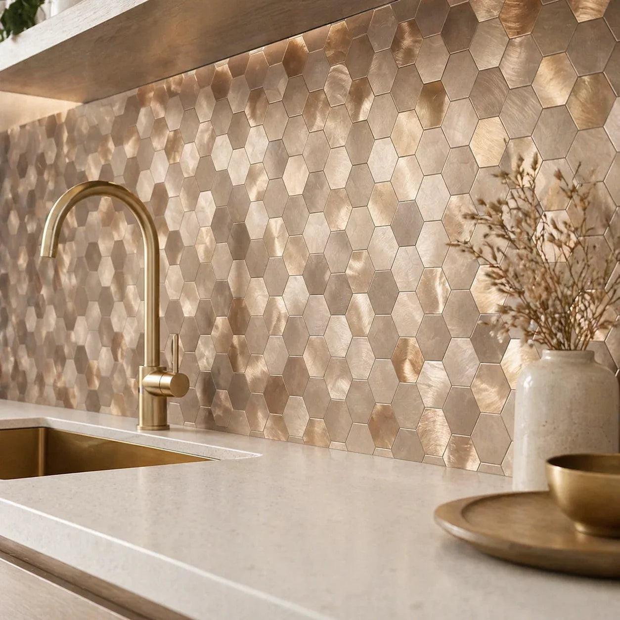 Crédence Adhésive Hexagone Champagne Japandi — Mosaïque Cuisine - vue alternative