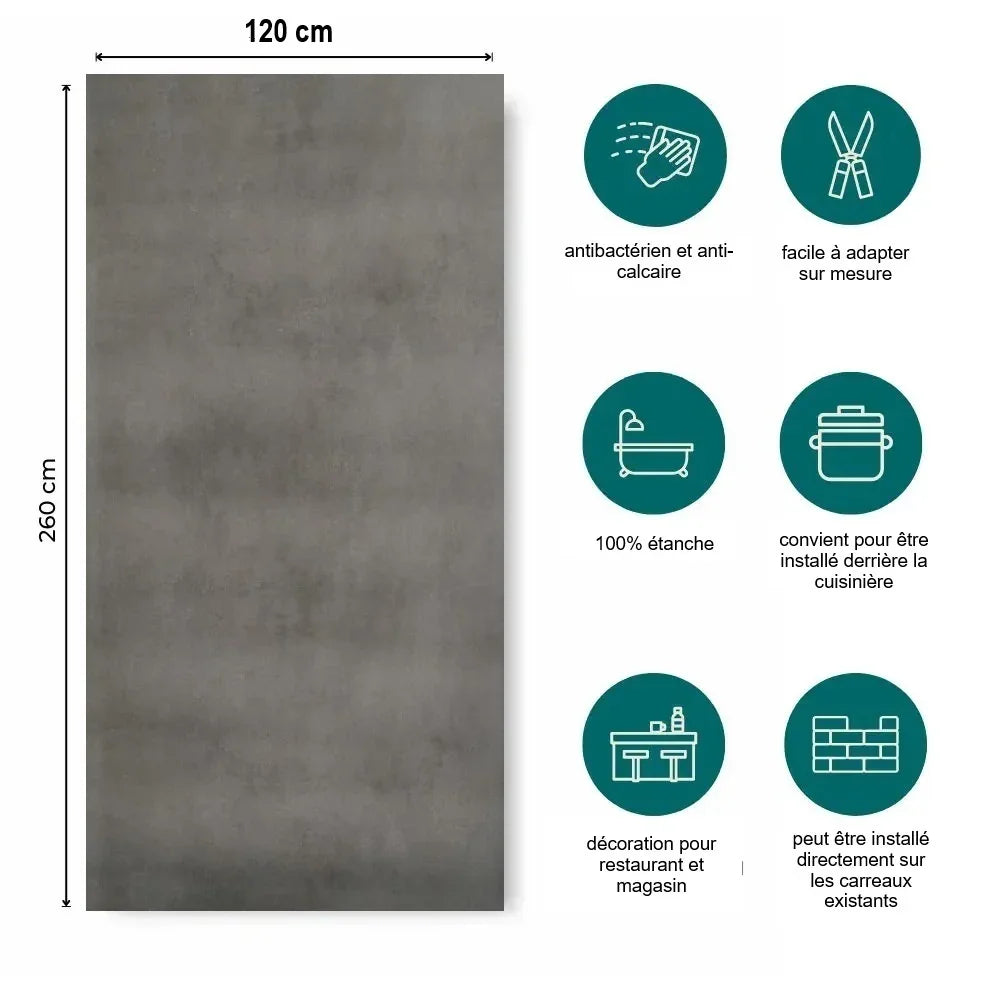 Panneau Mural Beton Gris Foncé PVC - 260 x 120 cm 100% Imperméable - vue alternative