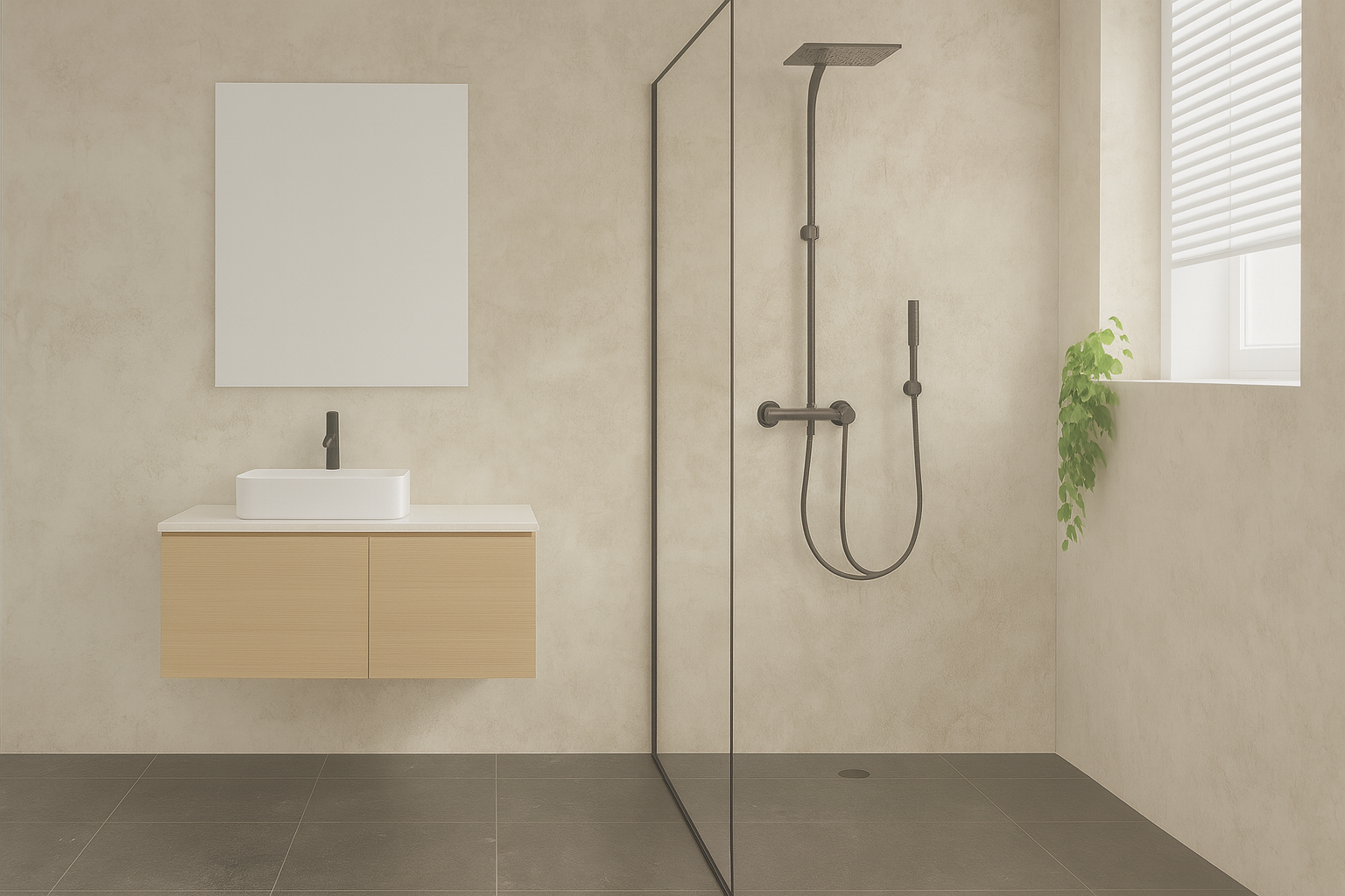 panneau mural beige posé dans la salle de bain et douche