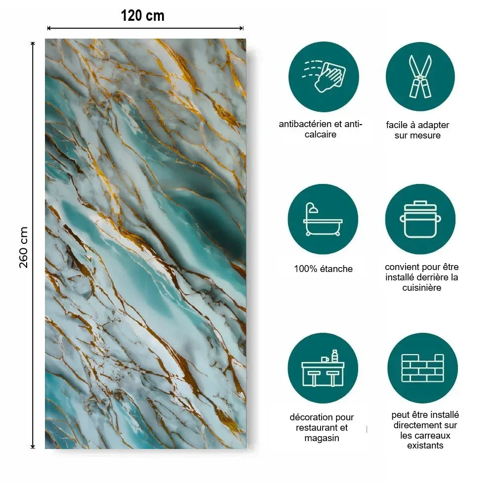 Panneau PVC Effet Marbre Bleuté avec Veine Doré Oslo imperméable