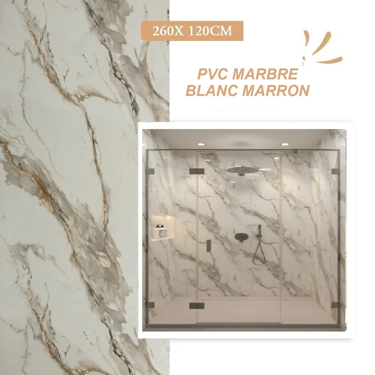 Panneau Mural PVC Effet Marbre Blanc Marron - 260 x 120 CM - vue alternative