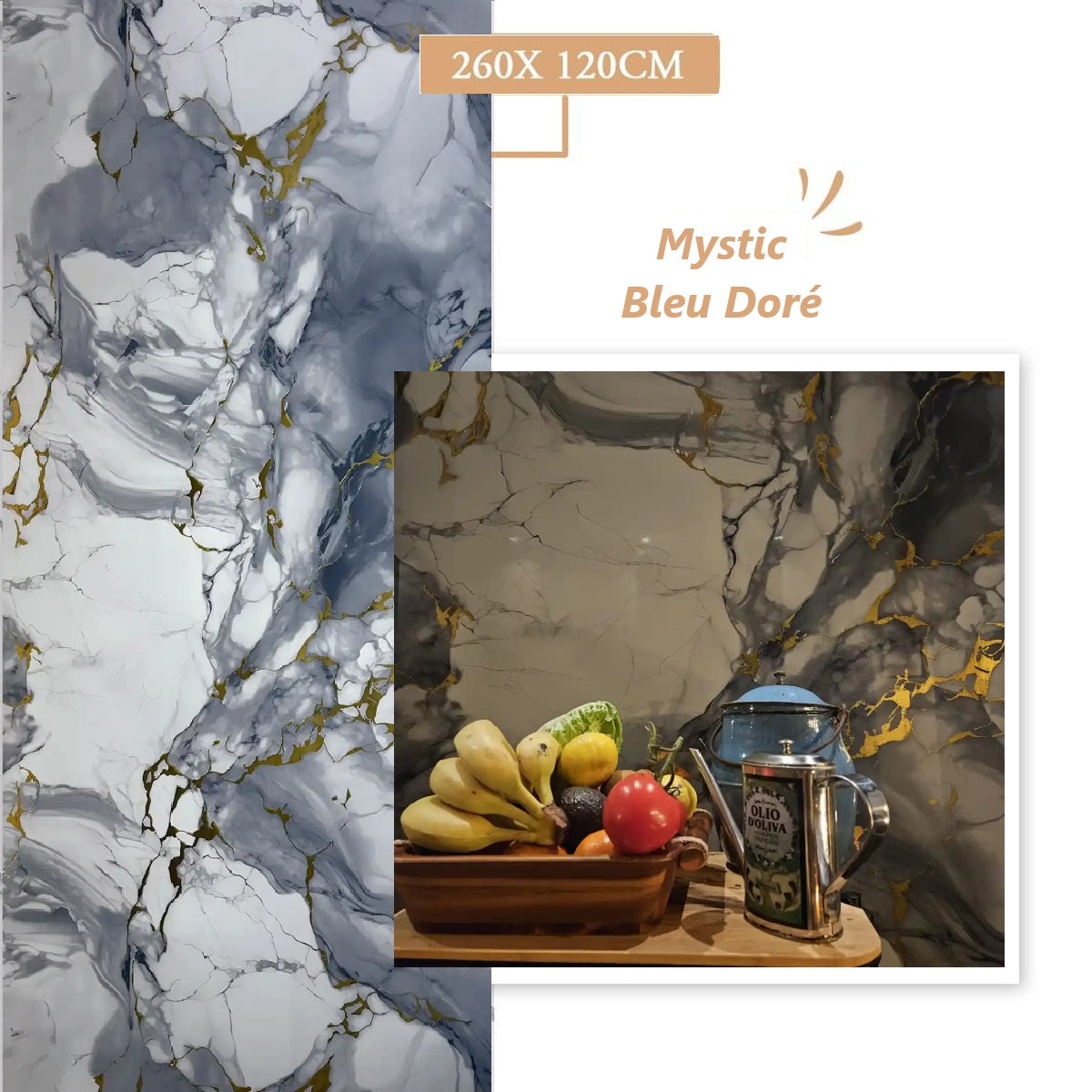 Panneau Mural PVC Effet Marbre Mystic Bleu Doré - Salle de bain ou Douche