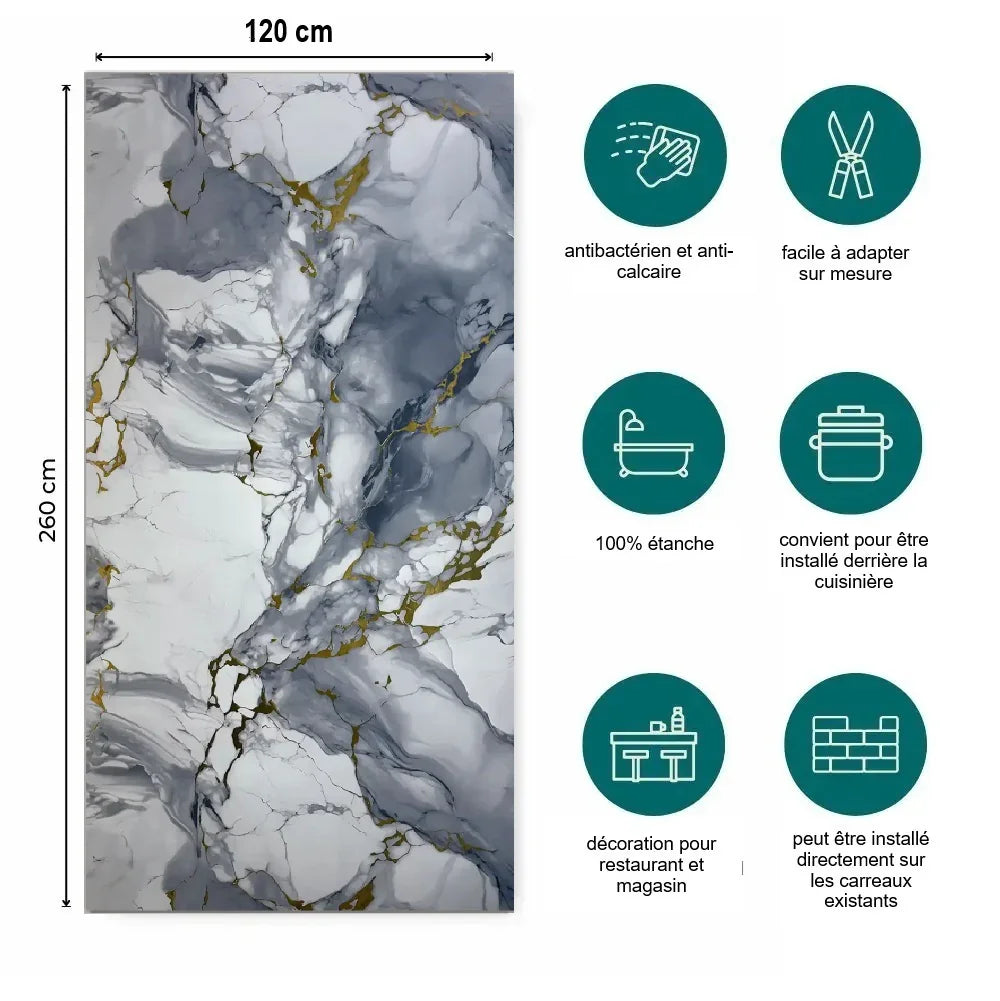 Panneau Mural PVC Effet Marbre Mystic Bleu Doré - Salle de bain ou Douche - vue alternative