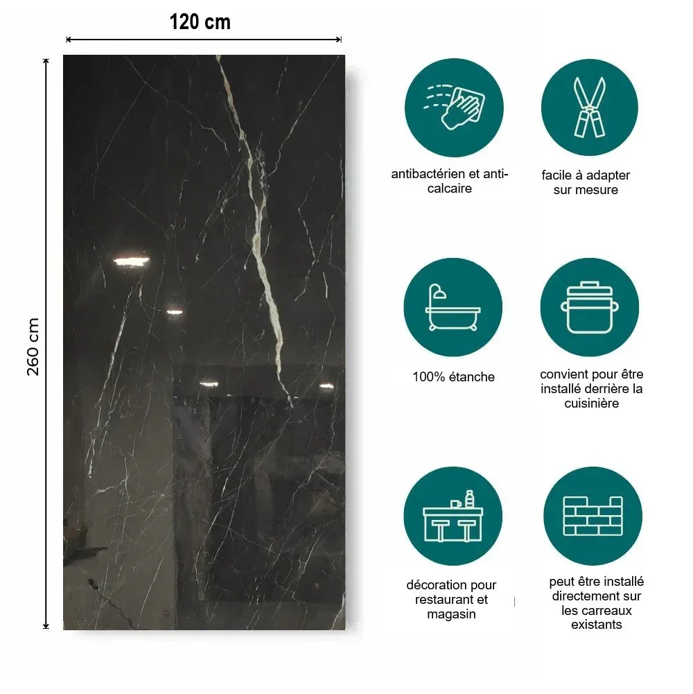 Panneau Mural PVC Effet Marbre Noir - Impérmeable pour salle de bain