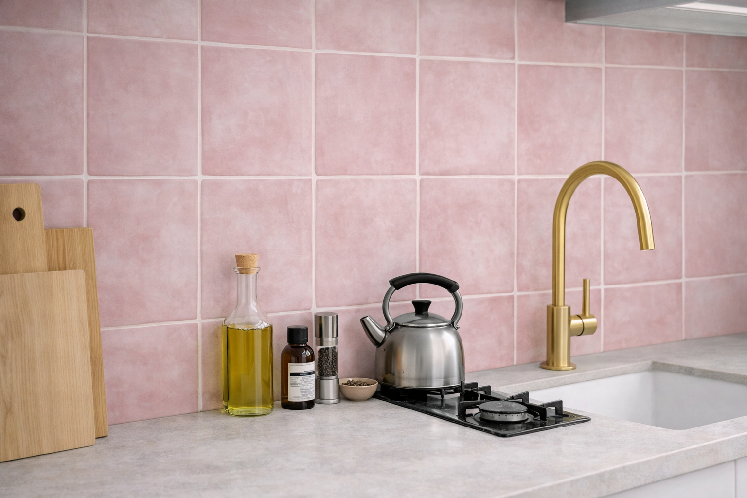 Sticker Carrelage Carré Rose Posé dans la crédence de cuisine