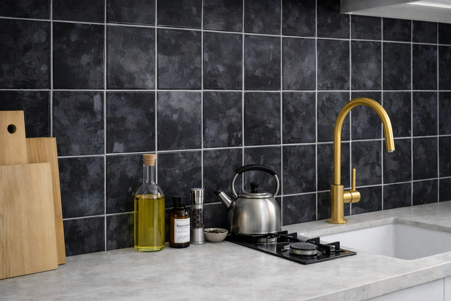 Sticker Carrelage Vinyle Carré Noir posé dans crédence de cuisine luxe