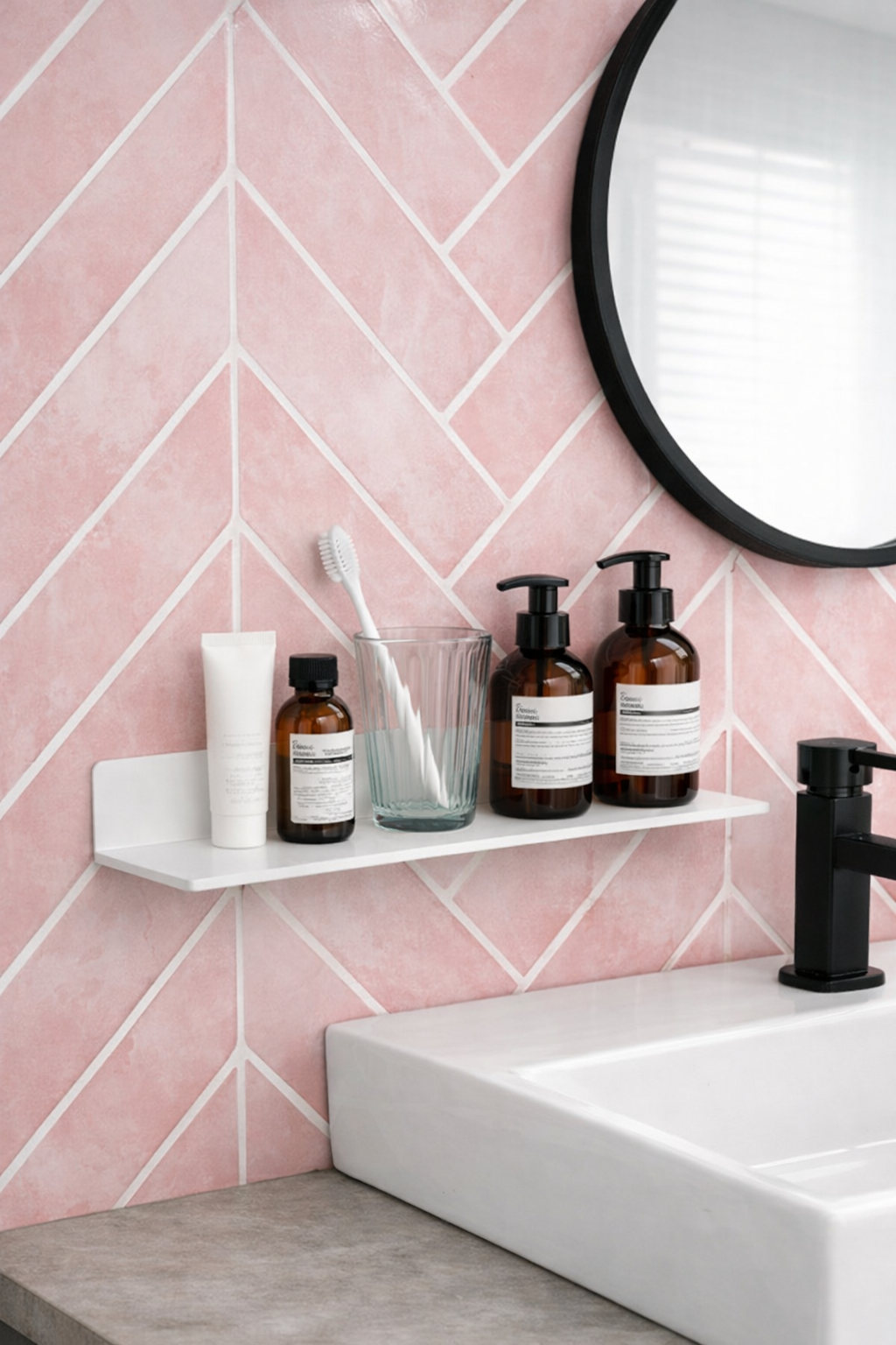 sticker carrelage zellige rose posé dans le salle de bain