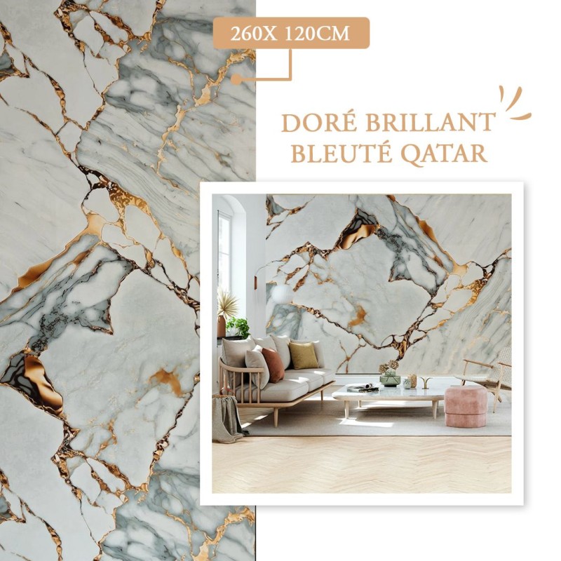 Panneau Mural PVC Marbre Doré Brillant Bleuté Qatar - 260x120x 0.3 cm