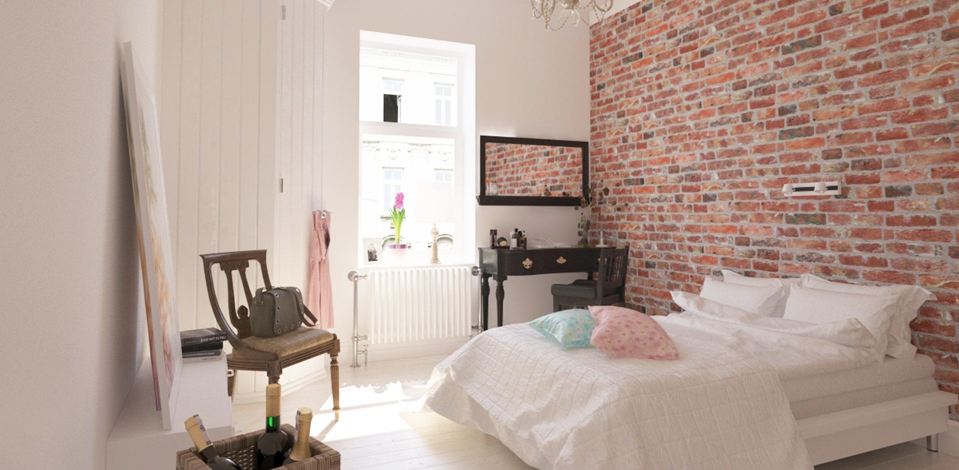 Chambre cosy avec mur en parement brique rouge en tête de lit - ambiance loft parisien