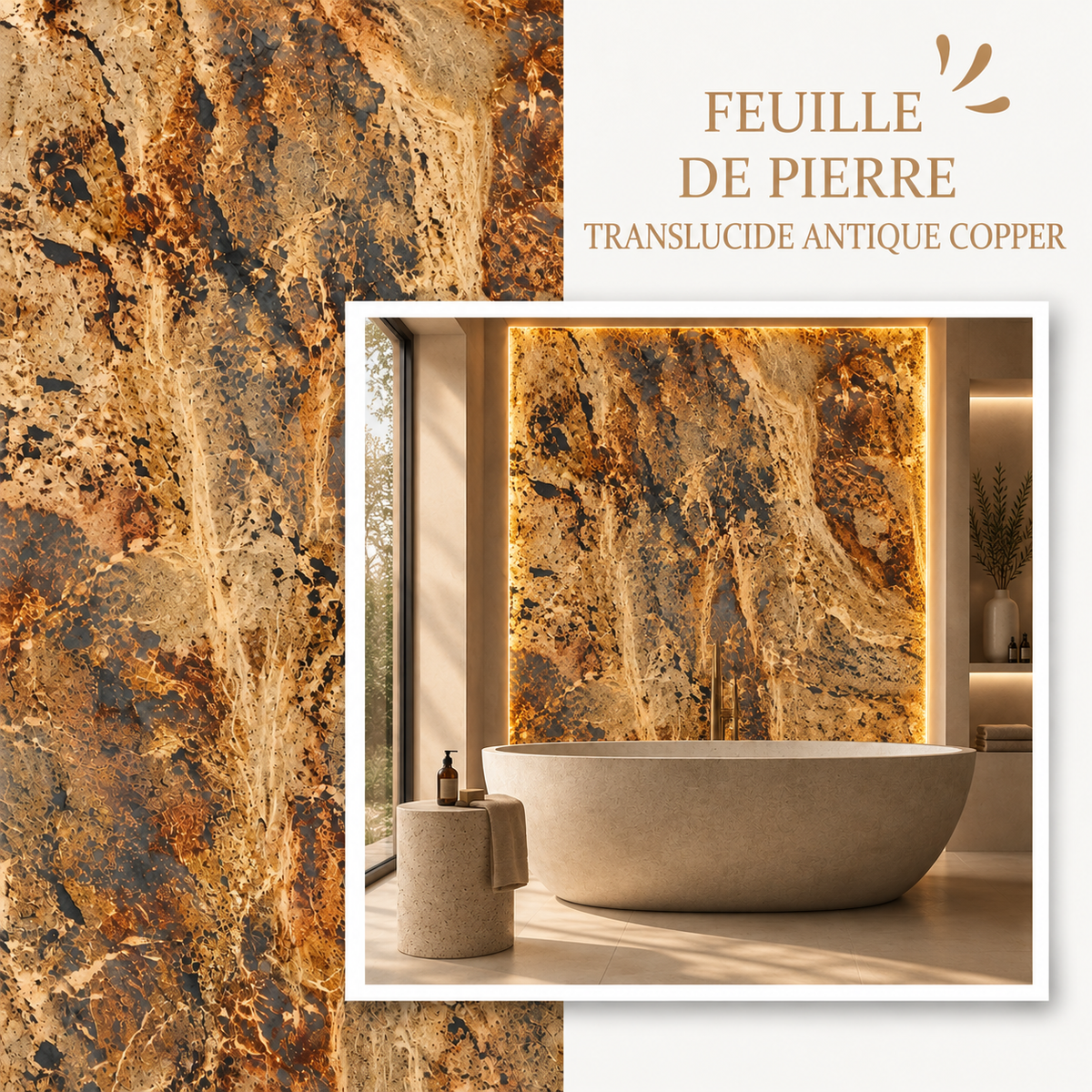 Feuille de Pierre Translucide Antique Copper Rouille – Pour Mur Rétroéclairé LED (260×120 cm)