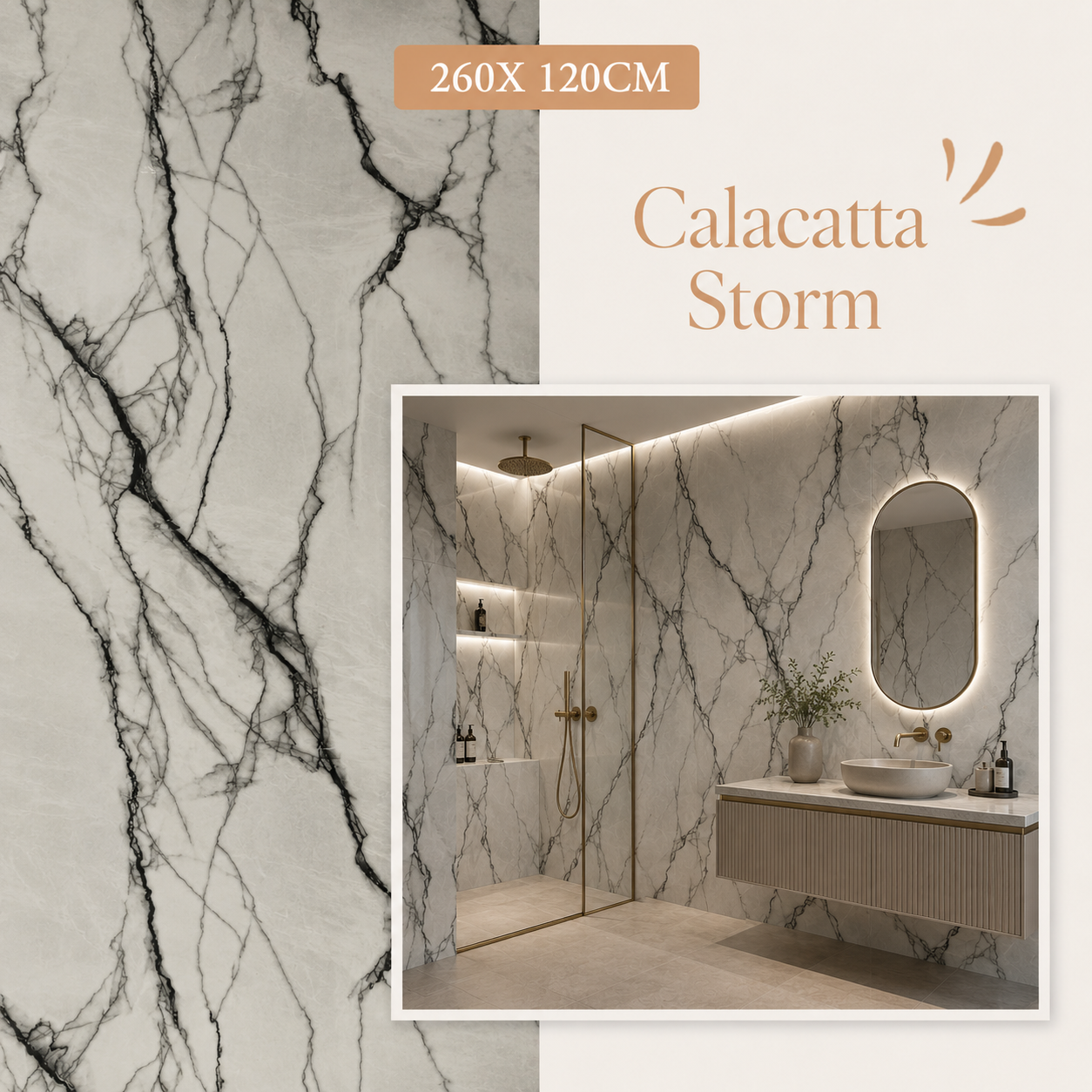 PVC Marbre Blanc & Noir Calacatta Storm – 260x120 CM - vue alternative