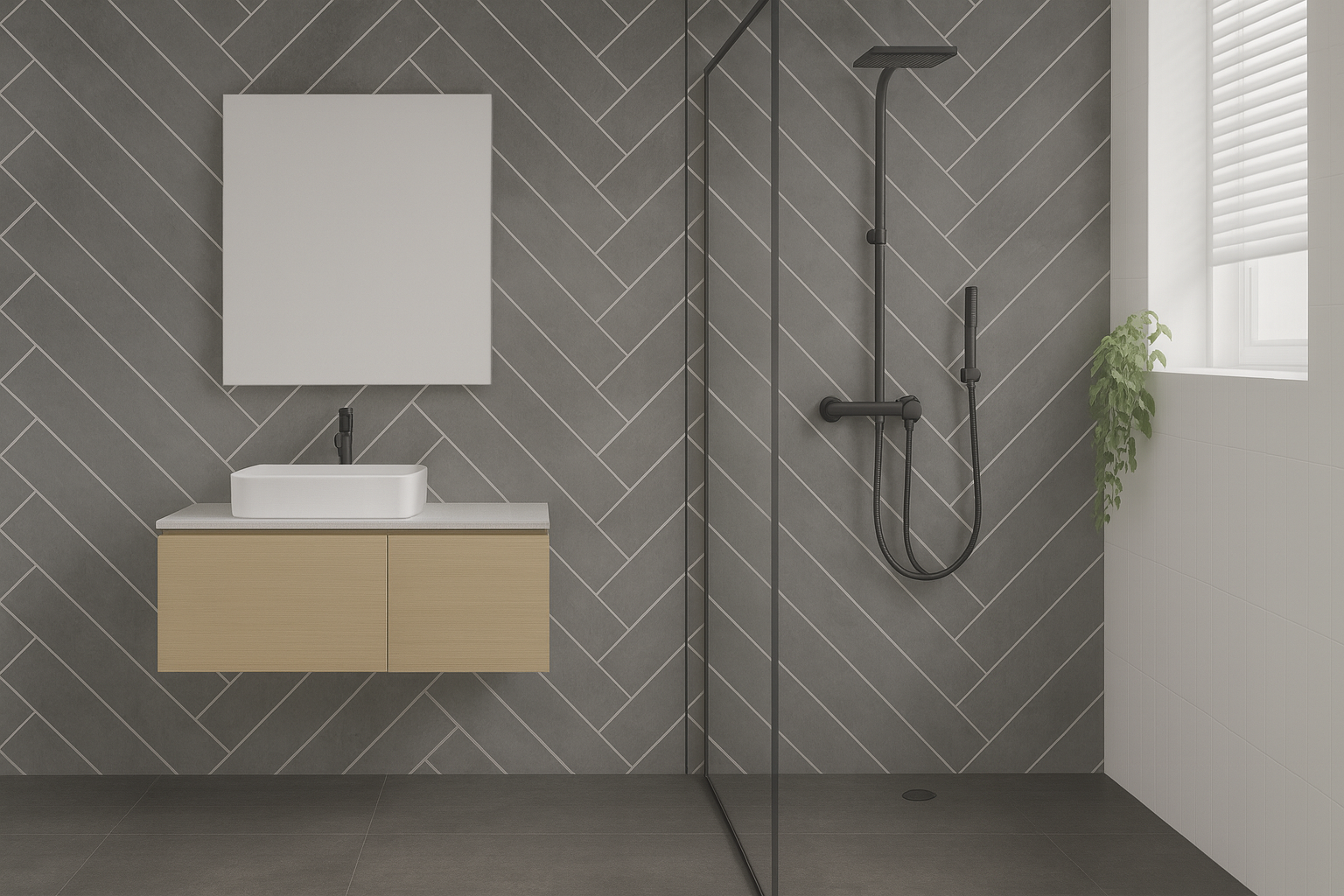 panneau mural chevron anthracite posé dans la salle de bain
