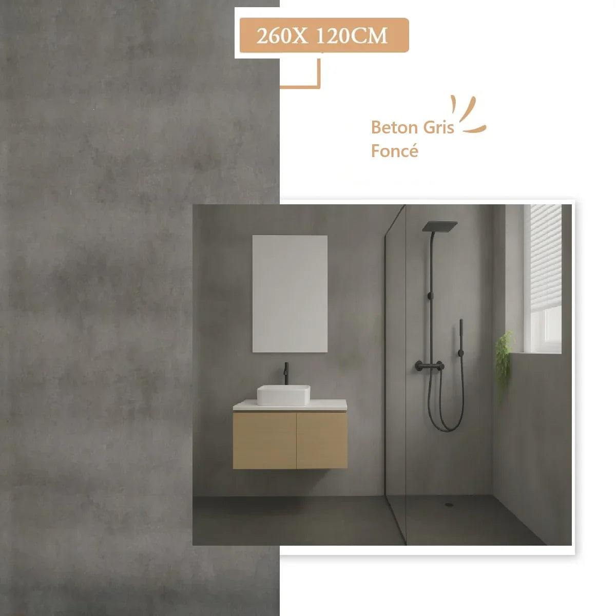 Panneau Mural Beton Gris Foncé PVC - 260 x 120 cm 100% Imperméable
