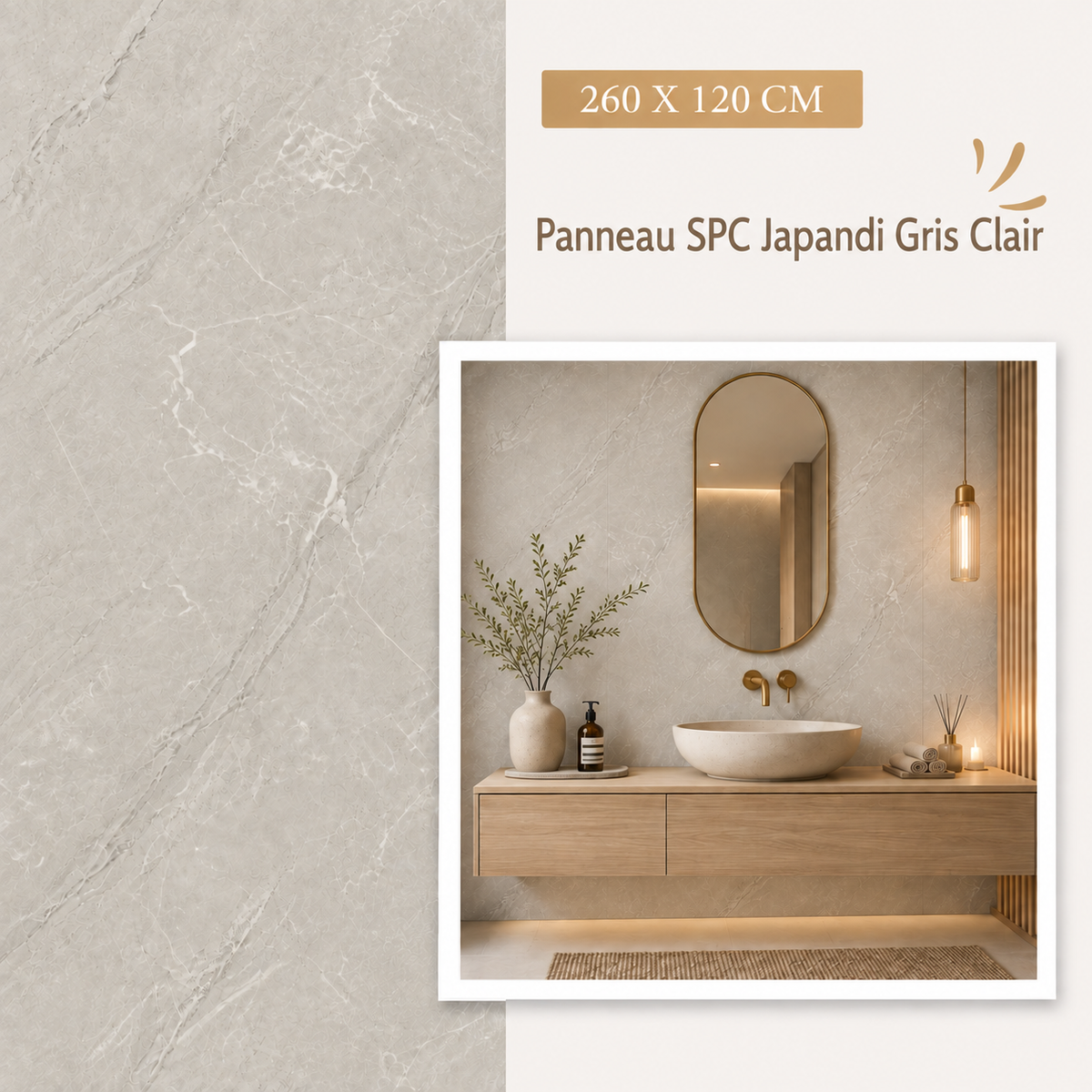 Panneau Mural Salle de Bain SPC Japandi Gris Clair Mat – 260 x 120 cm