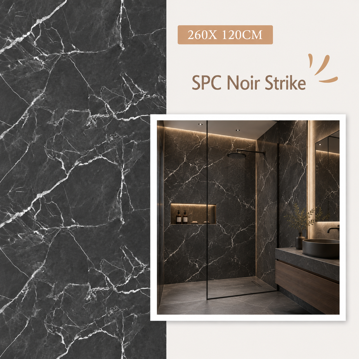 Panneau Mural Salle de Bain SPC Noir Strike Mat – Étanche & Anti-Rayure