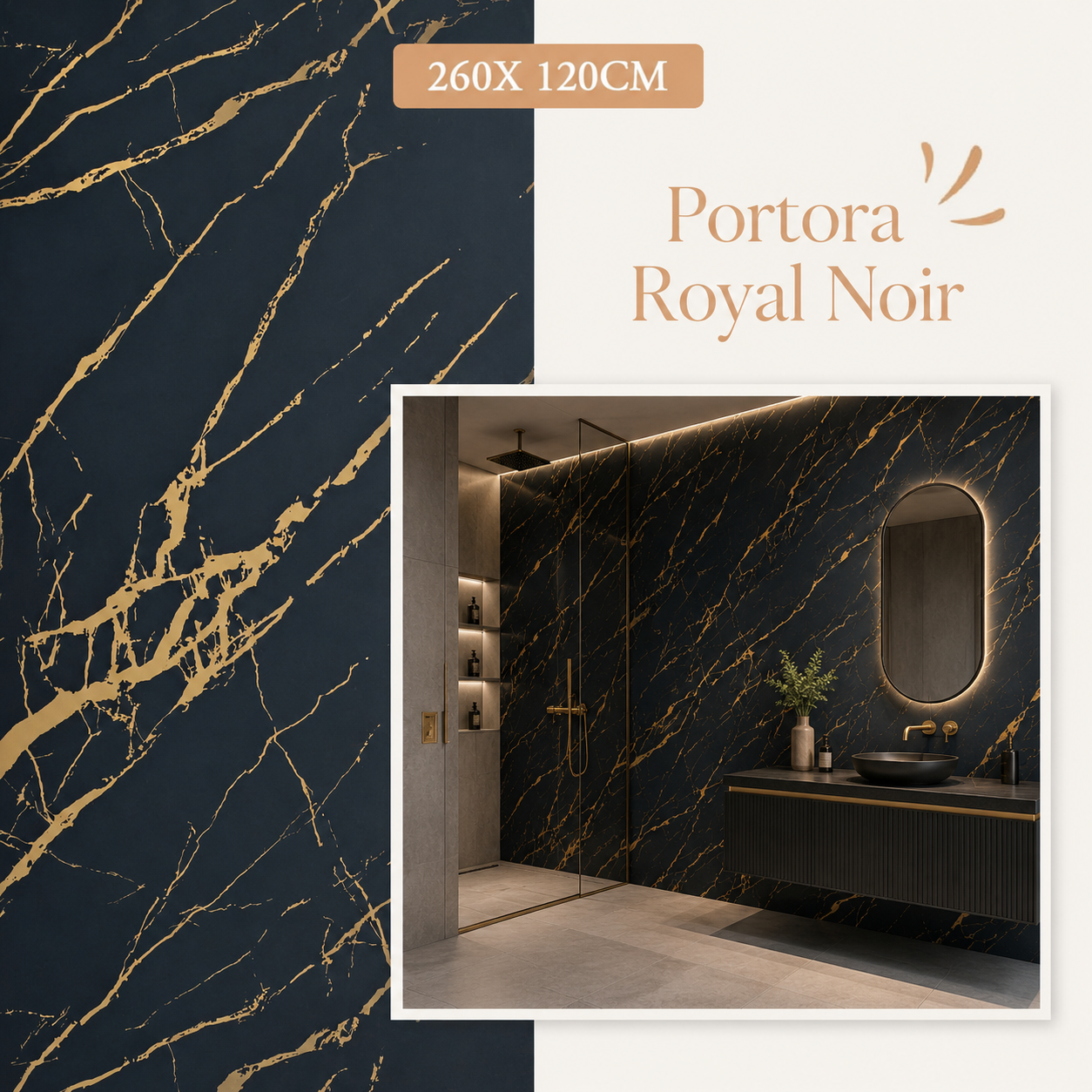 Panneau PVC Marbre Portoro Royal – Noir Veiné Or 260x120 - vue alternative