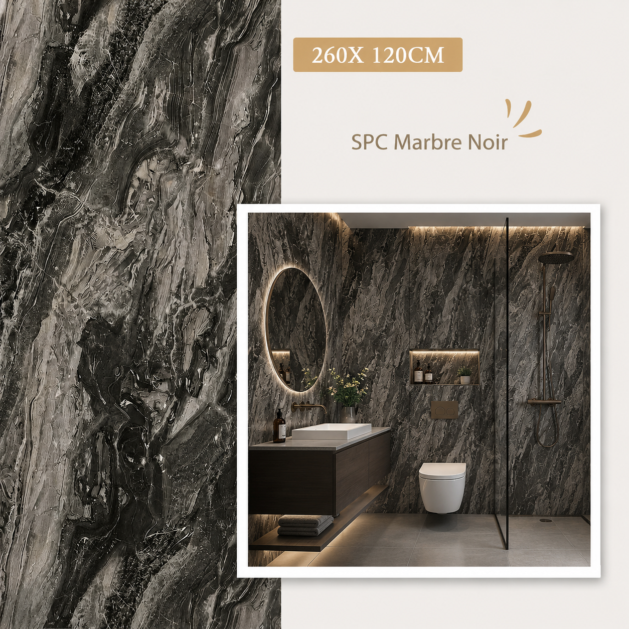 Panneau SPC Volcan Noir – Effet Marbre Noir 260 x 120 CM - vue alternative