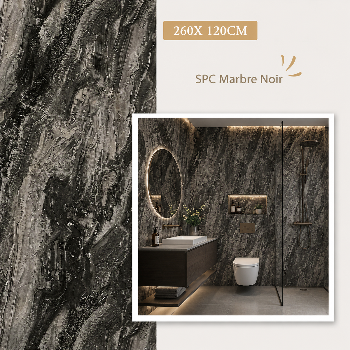 Panneau SPC Volcan Noir – Effet Marbre Noir 260 x 120 CM