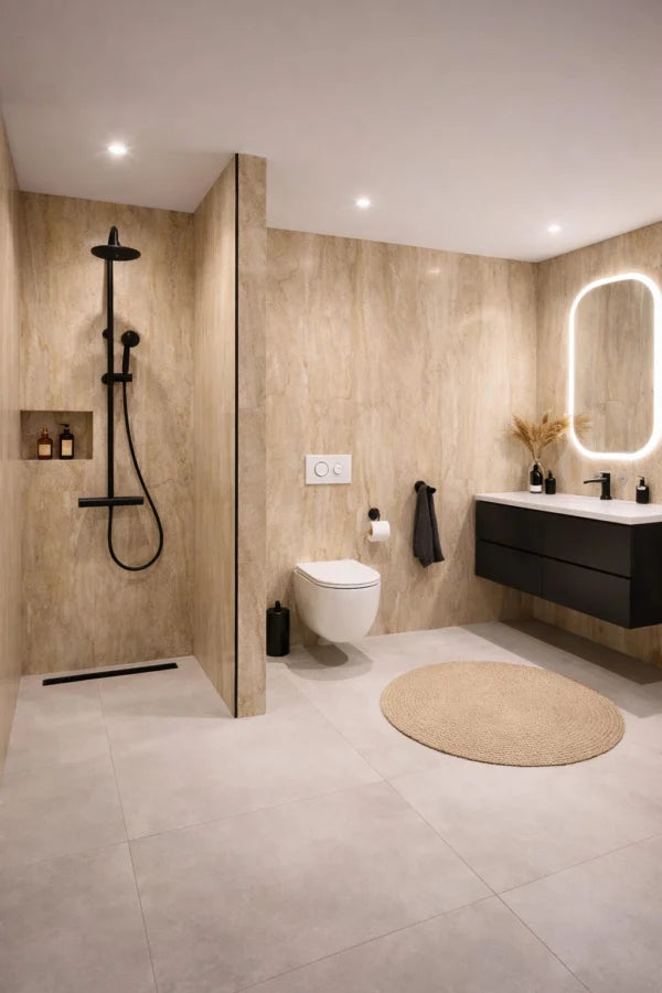 Panneau Travertin Mural Salle de Bain SPC Effet Beige Mat – Étanche & Anti-Rayure