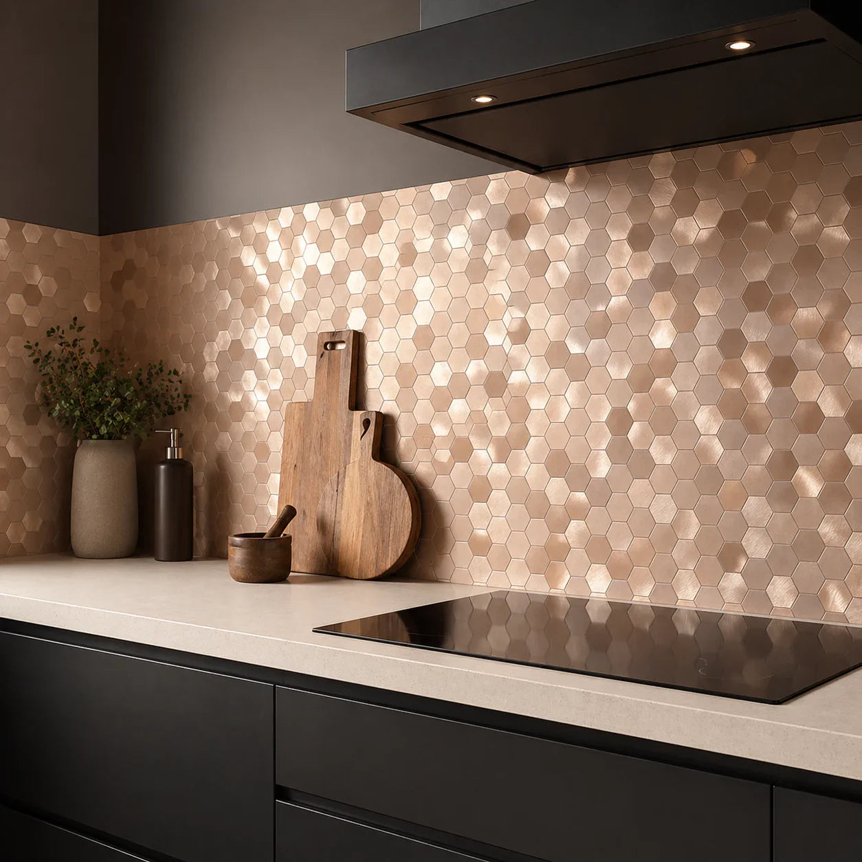 Crédence Adhésive Hexagone Champagne Japandi — Mosaïque Cuisine - vue alternative