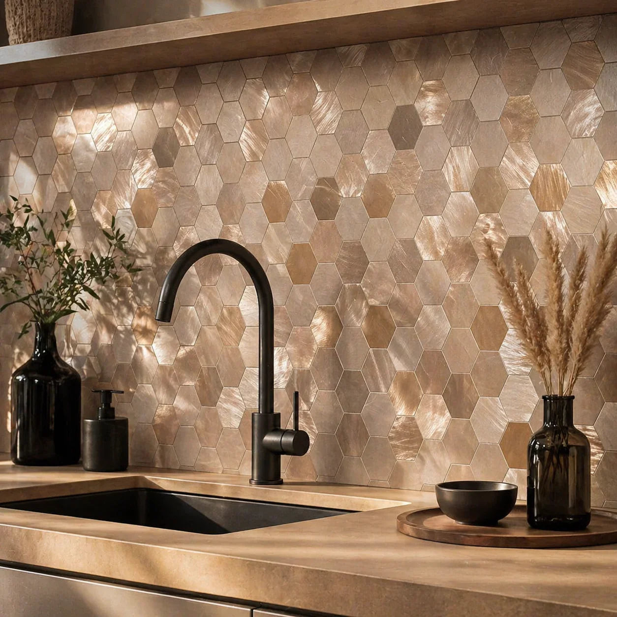Crédence Adhésive Hexagone Champagne Japandi — Mosaïque Cuisine - vue alternative