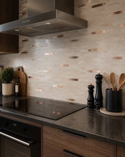 Crédence adhésive beige effet pierre posée en fond de hotte avec finitions cuivrées dans une cuisine moderne