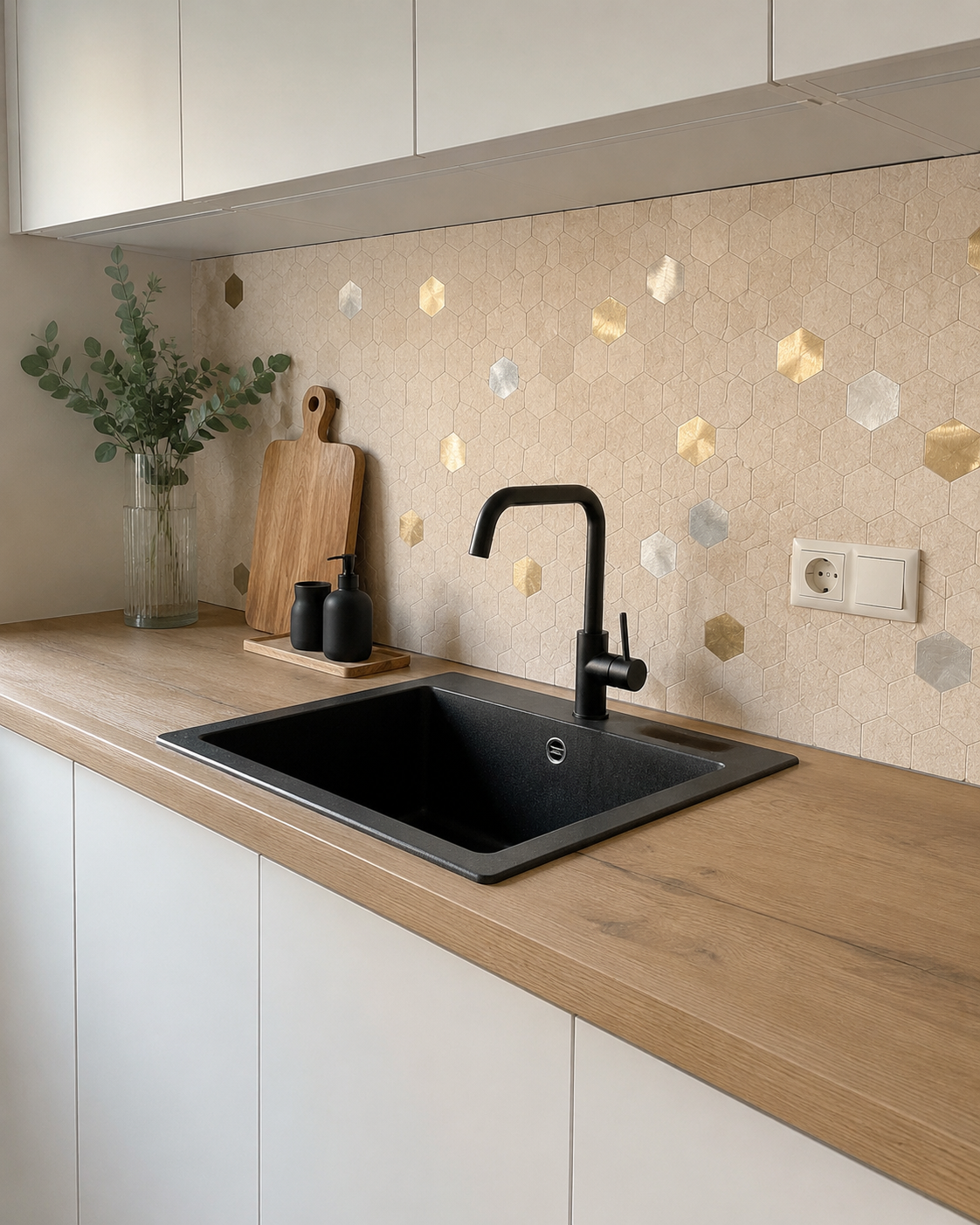 Crédence cuisine adhésive beige et dorée posée derrière un évier noir avec plan de travail bois