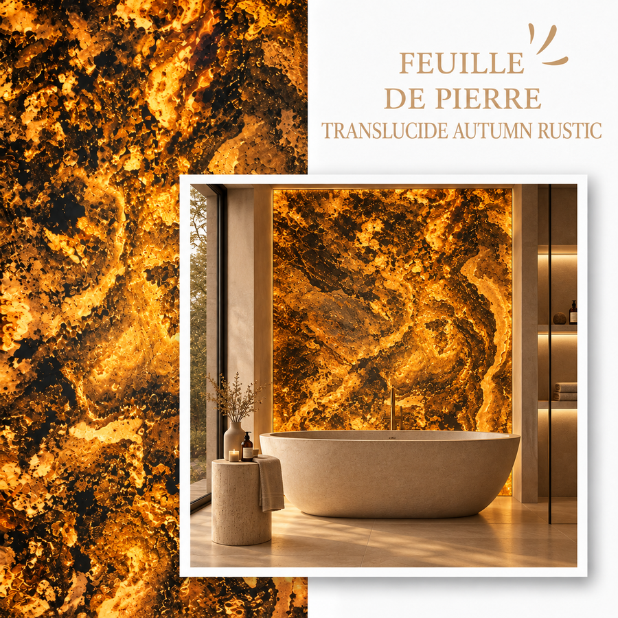 Feuille de pierre rétroéclairée Autumn Rustic dans une salle de bain haut de gamme
