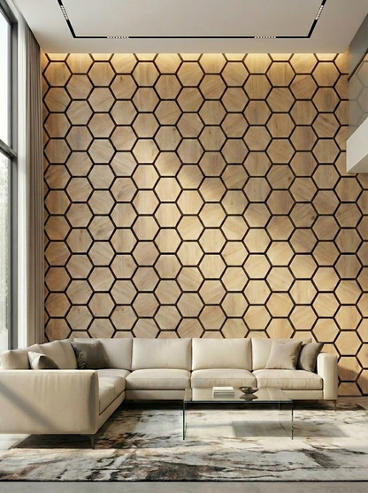 hexagone_bois_acoustique_chene_pose_dans_salon_1