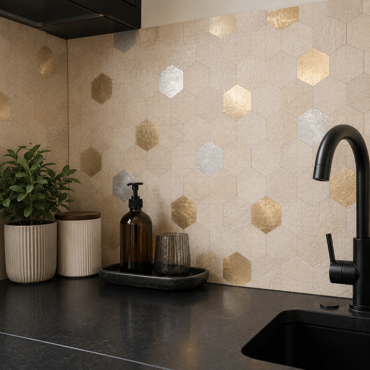 Mosaïque adhésive hexagone crème et dorée posée en crédence avec robinet noir et plan de travail foncé