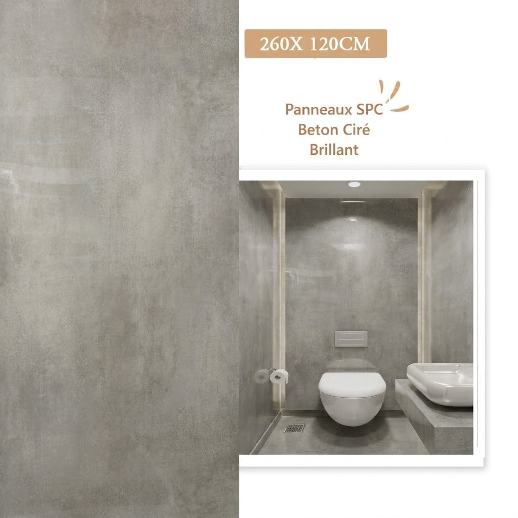 Panneau Mural Béton Ciré SPC Haut Brillant – Anti-Rayure 260 x 120 cm - vue alternative