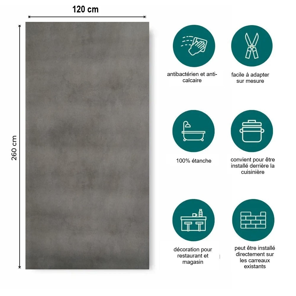 Panneau Mural Beton Gris Foncé PVC - 260 x 120 cm 100% Imperméable