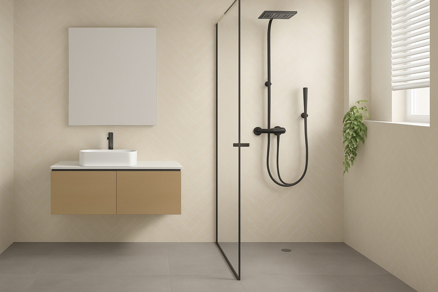 panneau_mural_chevron_beige_posé_dans_la_murs_salle_de_bain
