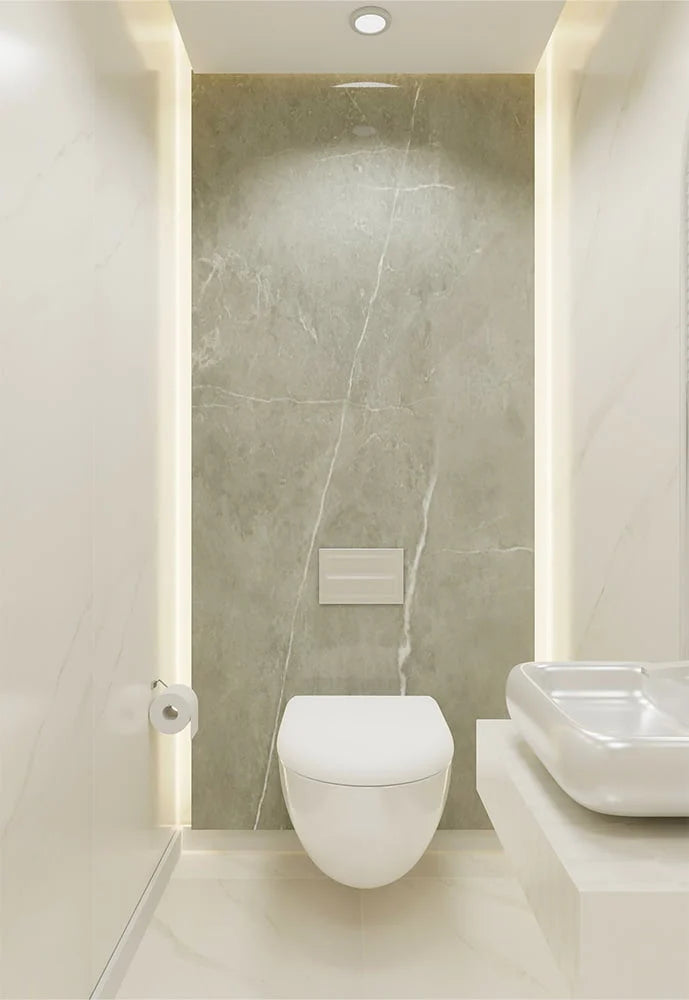 panneau mural toilette mercury gris clair posé dans la murs