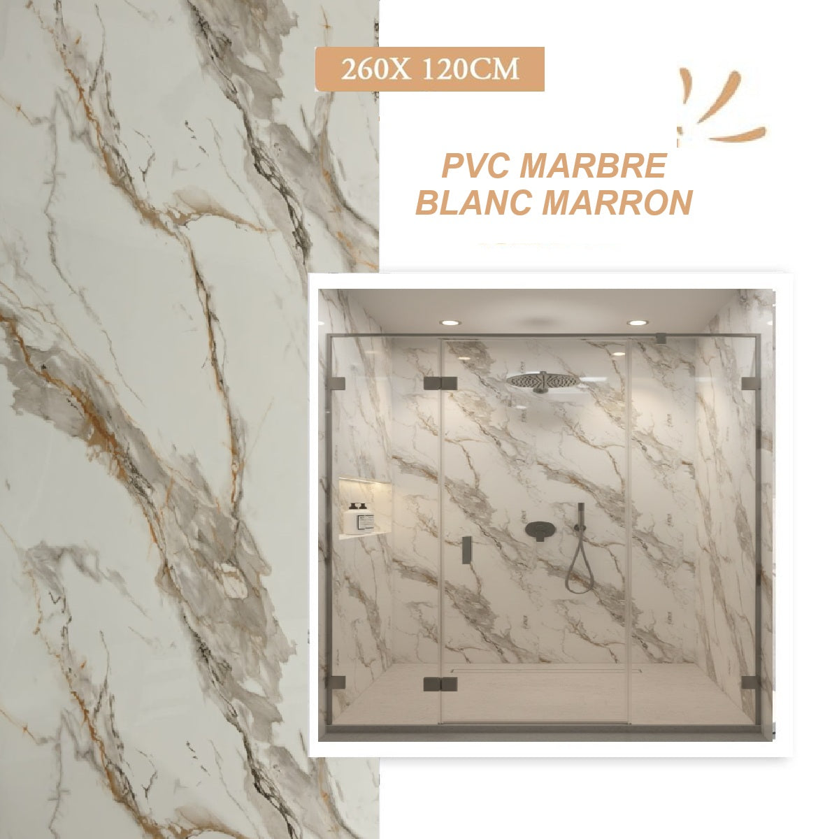 Panneau Mural PVC Effet Marbre Blanc Marron - 260 x 120 CM