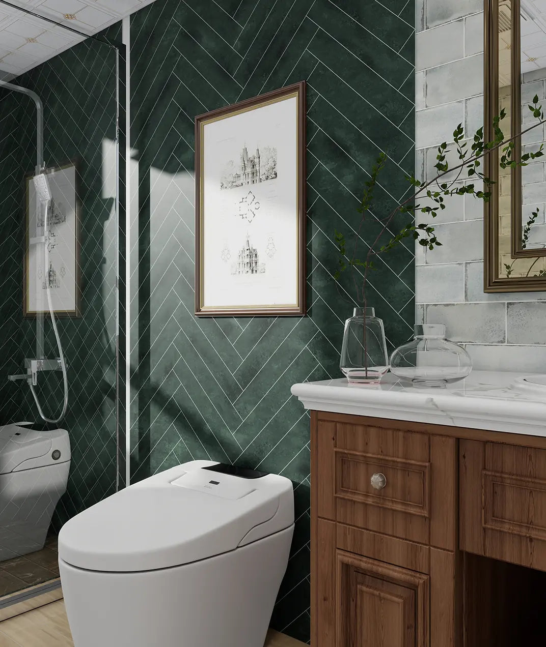 panneau_chevron_vert_posé_derriere_toilette_murale
