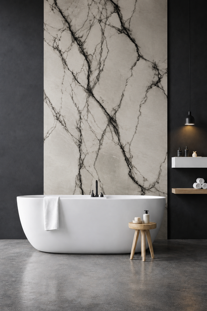pvc marbre blanc noir effet storm posé dans la douche