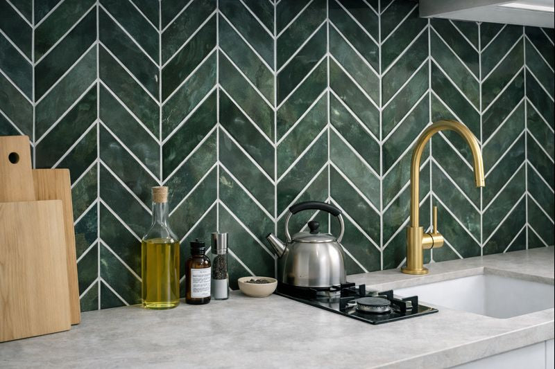 Sticker Carrelage zellige vert foncé posé dans le crédence de cuisine