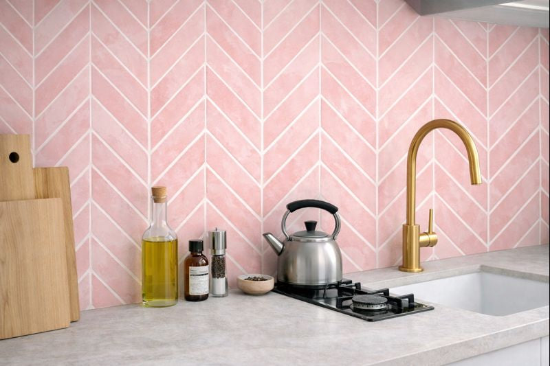 sticker carrelage rose posé dans le crédence de cuisine