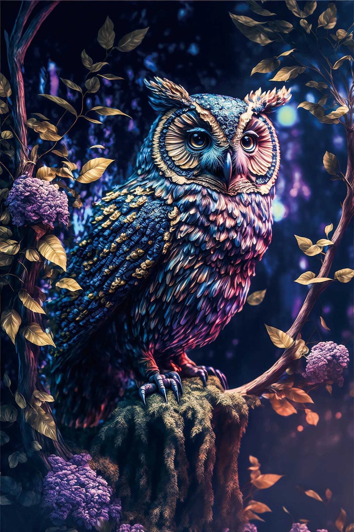 Tableau en verre hibou mystique aux plumes bleues et violettes, perché dans une forêt enchantée aux reflets dorés – ByMyDeco