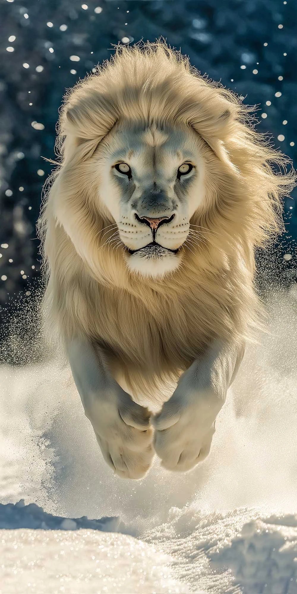 Tableau en verre lion blanc bondissant dans la neige, crinière ivoire et regard intense sur fond bleu hivernal – ByMyDeco